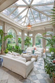 conservatory, copper chandelier, exotic plants