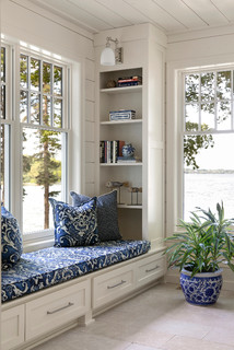 blue and white decor, books, built-in storage