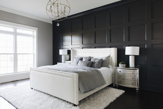 black accent wall, black and white, black floors
