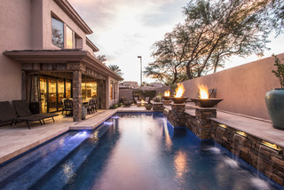 backyard, beautiful pools, chaise lounges