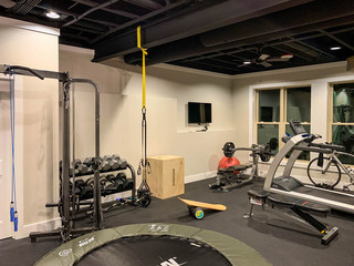 basement gym, basement workout room, black paint basement ceiling