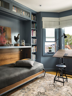 area rugs, art, blue gray walls