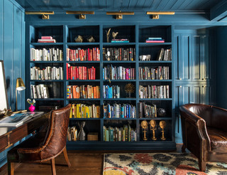 blue ceiling, blue shelves, bookcase